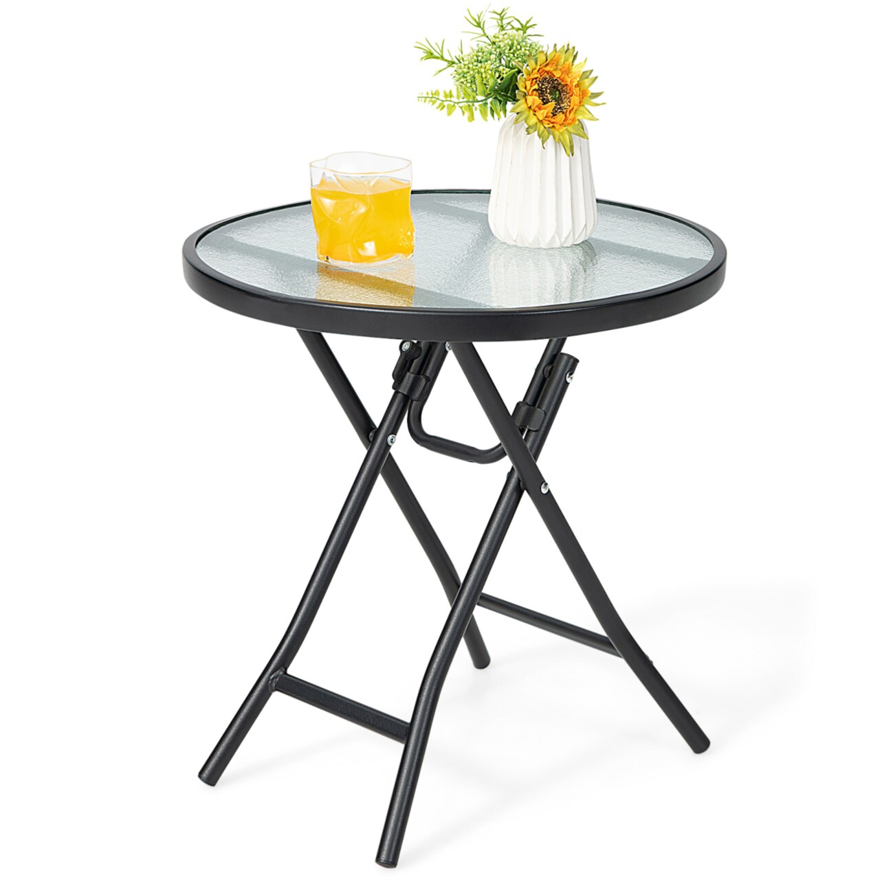 18 Patio Side Table Outdoor Folding Coffee Table W/ Tempered Glass Table Top